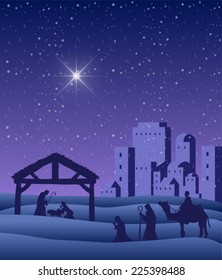 Digitally generated Nativity scene vector under starry sky
