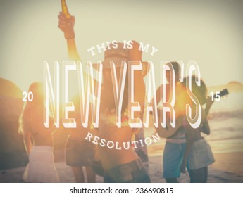 Digitally generated New years resolution message against beach party