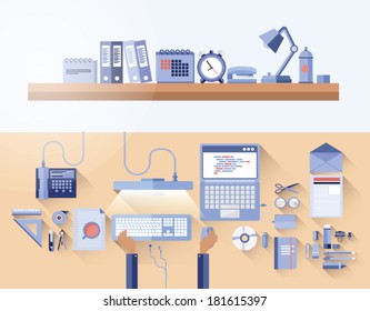 Digitally Generated Overhead Of Messy Desk In Office