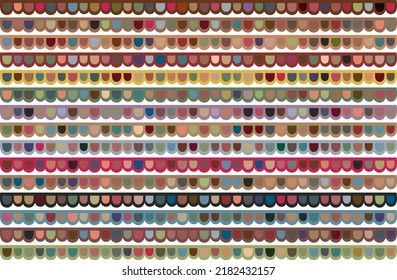 Digitally generated rhythmic pattern comprised of interlocking curving repeat shapes in multi color