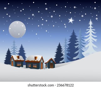 Digitally generated Snowy scene with village and trees