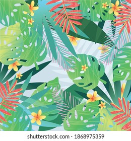 Digitally generated vector illustration of colorful tropical leaves against white background. tropical botanical elements vector illustration concept