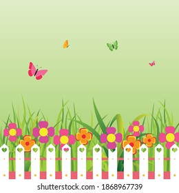 Digitally generated vector illustration of multiple butterflies flying against spring landscape. spring season vector illustration concept.