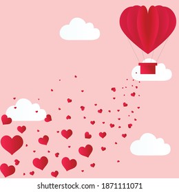 Ilustración vectorial de múltiples corazones rojos que caen de un paracaídas contra nubes en fondo rosado. concepto de ilustración vectorial de amor cardíaco de día valentino