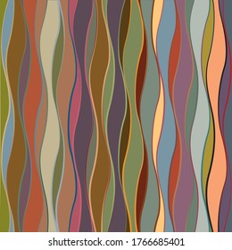 Digitally generated wavy, augmenting, ribbon like pattern, filled with muted, faded colors, outlined with different random colors
