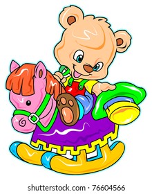 a digitally illustrated cute bear riding a rocking horse