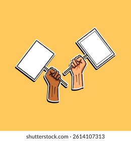 Digitally illustrated raised hands holding blank protest signs symbolizing justice, unity, and activism. The bright yellow background themes of social change, solidarity.