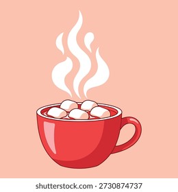 Una taza roja ilustrada digitalmente se desborda con malvaviscos y vapor creciente y giratorio.
