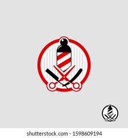digitally illustration of a barber pole with scissors in circle