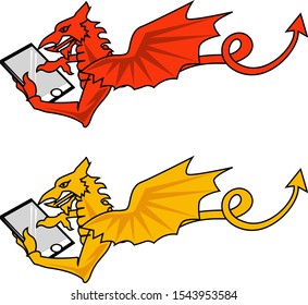 Digitally illustration of dragon with tablet