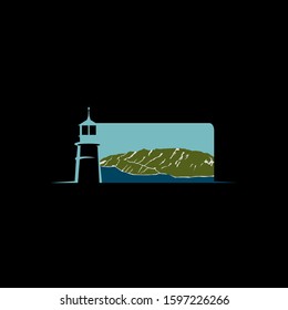 digitally illustration of a lighthouse with a mountain 