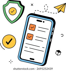 ¡Asegurado digitalmente! Esta Ilustración vectorial plana muestra formularios digitales en un dispositivo móvil que actúan como prueba de seguro.