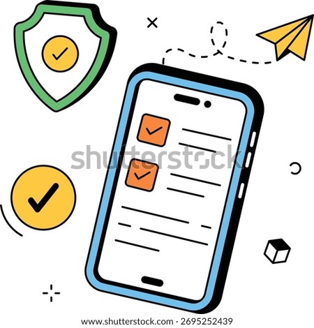 Digitally insured! This flat vector illustration shows digital forms on a mobile device that act as proof of insurance.