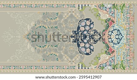 A digitally printed dupatta featuring a complex ornamental design with floral and geometric elements in muted and pastel tones, for textile, wallpaper, gift wrapping, print