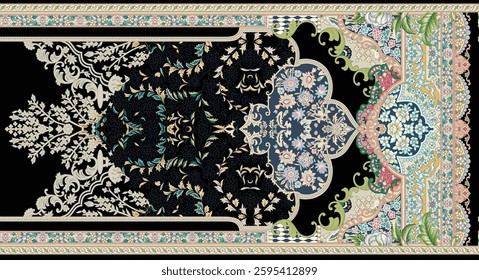 A digitally printed textile panel featuring a dark background with ornate floral and geometric patterns, for textile, wallpaper, gift wrapping, print