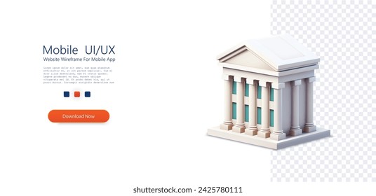 Digitally rendered 3D model of a neoclassical building with iconic columns, ideal for architectural designs and presentations. Bank building. Online banking, finance, bank transactions, bank service.