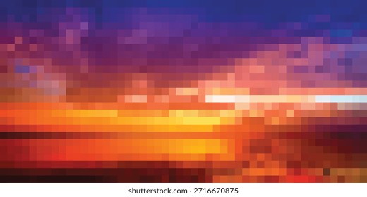 A digitally rendered abstract sunset with distinct pixelation, showcasing a dramatic blend of warm orange and cool purple tones.
