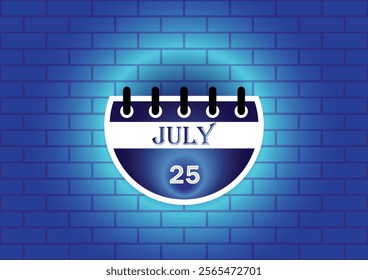 A digitally rendered image of a calendar page showing July 25th. The page is depicted against a blue brick wall backdrop, creating a visually appealing and modern aesthetic.