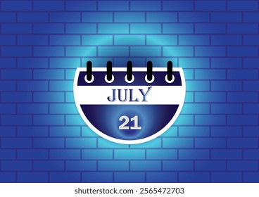 A digitally rendered image of a calendar page showing July 21st.  The calendar is presented against a blue brick wall background, creating a visually appealing contrast.