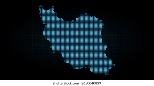 Mapa do Irã exibido digitalmente em um padrão de mosaico azul claro sobre um fundo preto escuro, transmitindo uma sensação moderna e tecnológica com seus pixels quadrados e linhas de grade