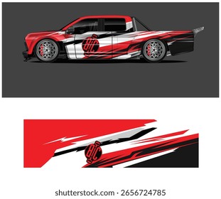 Um caminhão de corrida vermelho e branco digitalmente renderizado com um envoltório gráfico personalizado. Um design de envoltória correspondente é mostrado abaixo.