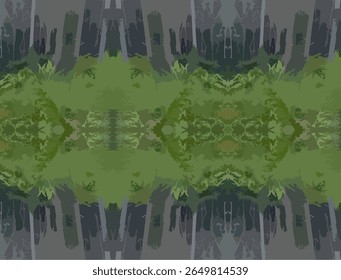 A digitally stylized illustration featuring a mirrored and symmetrical forest landscape. Tall tree silhouettes blend with abstract green foliage, creating a seamless and atmospheric nature pattern.
