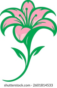 A digitally stylized illustration of a pink lily flower outlined in bold green. The design features gracefully curved petals, delicate floral details, and a flowing green stem, giving it an artistic