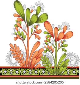 Digital-textile-design-flowers-leaves-Exquisite border design, border pattern, Motif, Graph Digital Textile All-Over Pattern Design for Pakistani-Indian-Turki-Kurti