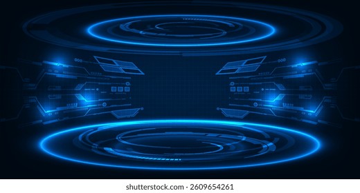 DigitalVector illustrations of futuristic stage platform empty space with digital element around.Digital technology artwork.