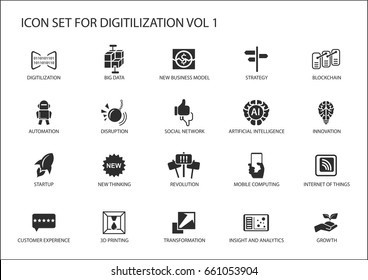 Digitilization vector icons for topics like big data, blockchain, automation, customer experience, mobile computing, internet of things, insights, analytics