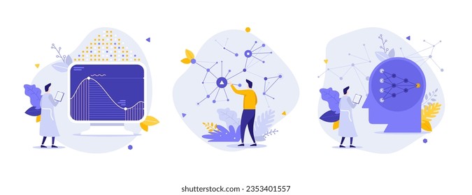 Digitización de análisis de imágenes vectoriales de concepto plano conjunto. Integración de la IA en la composición de caricaturas de investigación de datos empresariales. Idea de estrategia de aprendizaje automático para sitio web, móvil, presentación