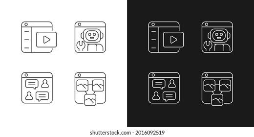 Digitalisierung in Business-Linear-Icons, die für den dunklen und hellen Modus eingestellt sind. Videoplattformen. Online-Diskussionen. Anpassbare Thin-Line-Symbole. Einzige Vektorgrafik-Rahmenillustrationen. Bearbeitbarer Hub