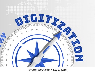 Digitization concept by navigational compass pointing towards text