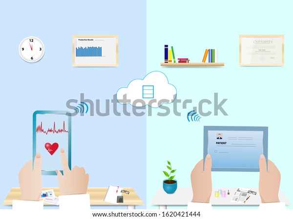 Digitization of health prevention vector divided\
in two halves showing connection of employee in office and doctor\
in medical office through cloud. All potential trademarks are\
removed.