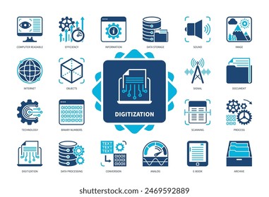 Digitization icon set. Information, Signal, Scanning, Archive, Conversion, Data Processing, Analog, Document. Duotone color solid icons