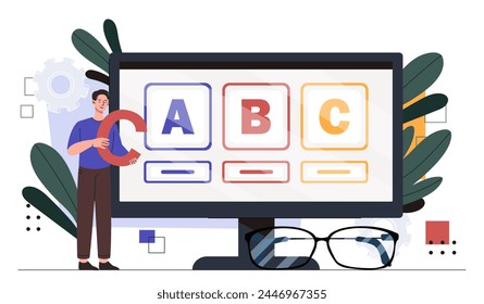 Digitized school concept. Man near computer monitor with huge letters. Distant education and learning, training. Online courses and master classes. Cartoon flat vector illustration