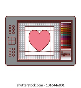 digitizer tablet with colours palette and heart design in colorful silhouette with thin red contour