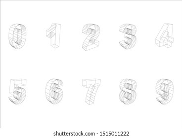 The digits 0 to 9, 3D extruded in wireframe style, isolated on white background - Vector