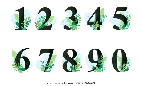 Digits 1, 2, 3, 4, 5, 6, 7, 8, 9, 0 with botanic leaves. Natural style. Vector elements for wedding invitations, birthdays, save the date cards, logos, posters