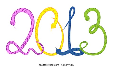 Digits 2013 in the form of multi-coloured snakes - the character of year. Vector illustration.