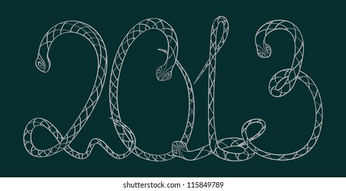 Digits 2013 in the form of snakes - the character of year, on a dark dark cyan background. Vector illustration.
