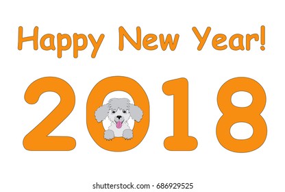 Digits 2018 with funny cartoon dog and text Happy New Year. Drawn poodle look out from number 2018. Isolated on the white background. eps 10
