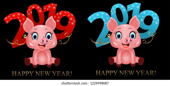 Digits 2019 and cute fun pig, zodiac symbol in the Chinese calendar the of the 2019 Year. Vector illustration.