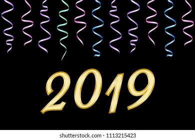 Digits 2019 and Ribbons of serpentine. Happy new year 2019 greeting card