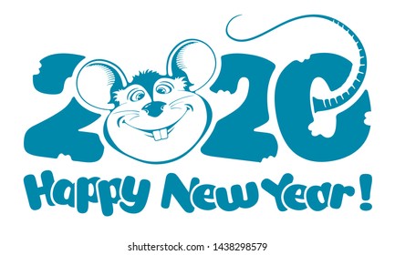 Digits 2020 and cute fun smiling rat, zodiac symbol of the 2020 Year. Cheerful inscription Happy New Year. Vector illustration.
