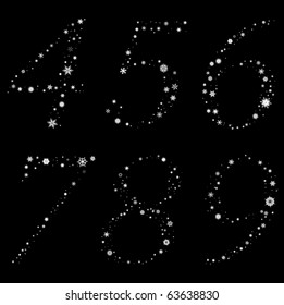 Digits 4 to 9 made of snowflakes on black background