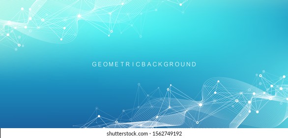 Digits abstract background with connected lines and dots, wave flow. Digital neural networks. Network and connection background for your presentation. Graphic polygonal background. Vector illustration