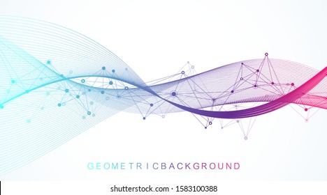 Digits abstract background with connected lines and dots, wave flow. Digital neural networks. Network and connection background for your presentation. Graphic polygonal background. Vector illustration