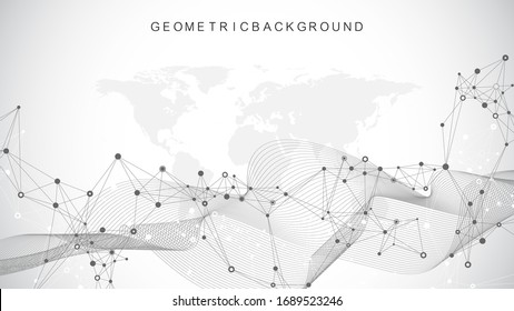 Digits abstract background with connected lines and dots, wave flow. Digital neural networks. Network and connection background for your presentation. Graphic polygonal background. Vector illustration