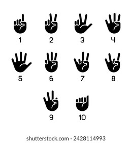 Digits in American sign language black glyph icons set on white space. Numbers in ASL. Nonverbal communication system. Silhouette symbols. Solid pictogram pack. Vector isolated illustration